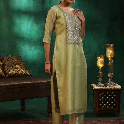 Green Yoke Design Silk Blend Straight Suit With Dupatta