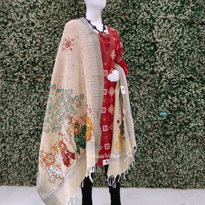 Cream Beige Dandiya Tussar Pattachitra Dupatta