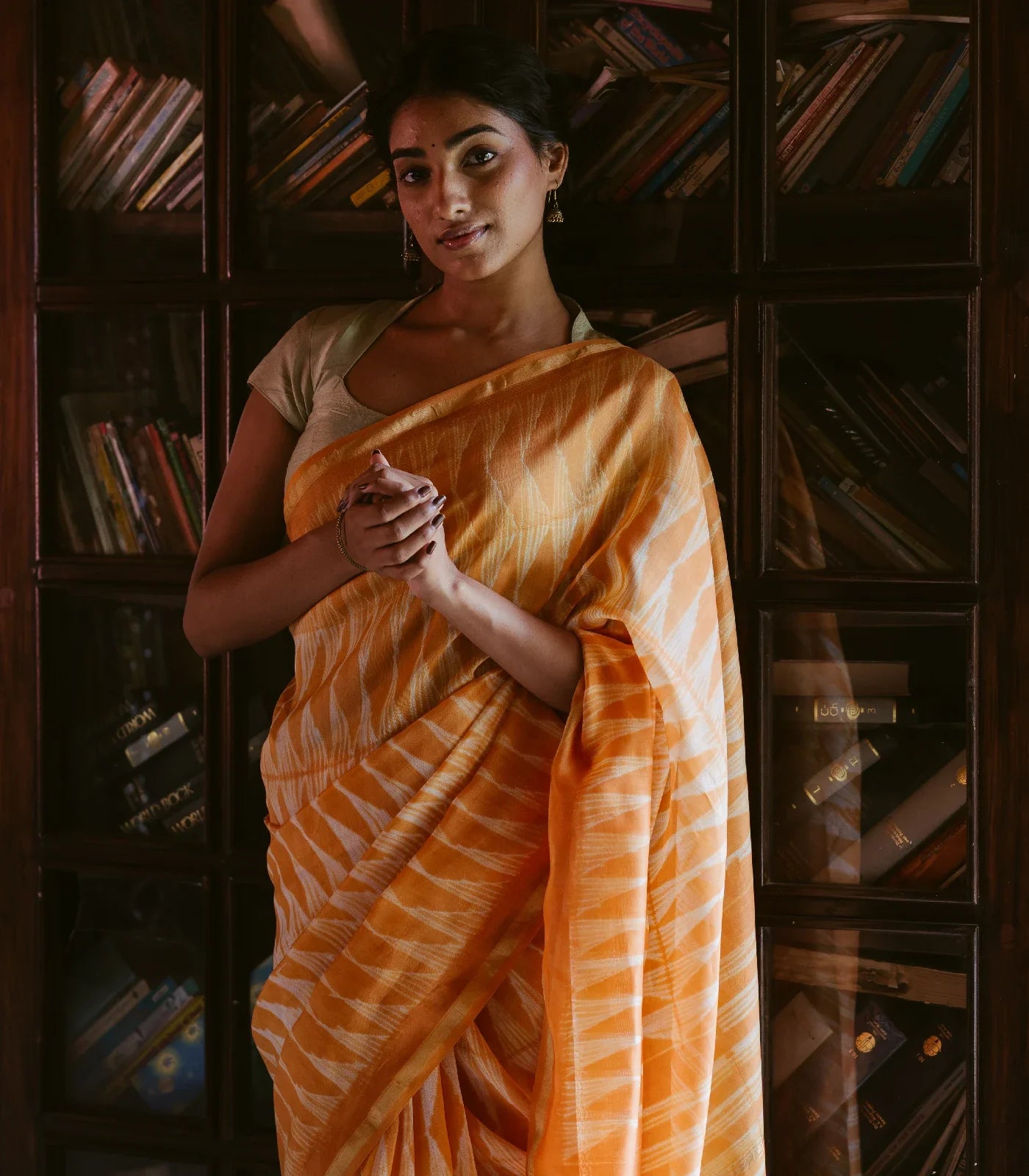 Orange Handloom Chanderi Cotton Saree With Triangular motifs in Shibori dyed technique
