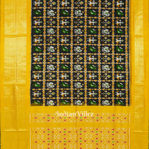 Black Yellow Nature Wildlife Design Pochampally Ikat Silk Saree