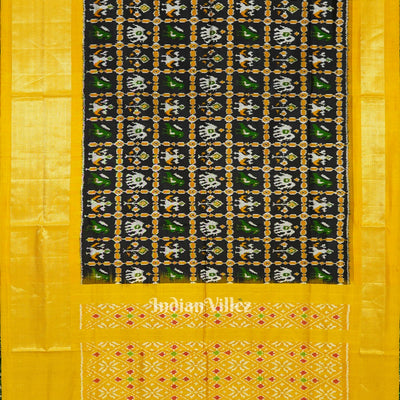 Black Yellow Nature Wildlife Design Pochampally Ikat Silk Saree
