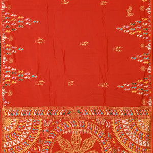 Fine & Elegant Orange Tribal Theme Hand-Painted Pattachitra Saree