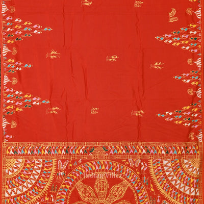 Fine & Elegant Orange Tribal Theme Hand-Painted Pattachitra Saree