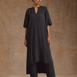 Grey Modal Satin High-Low Relax Kurta Set | Relove