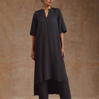 Grey Modal Satin High-Low Relax Kurta Set | Relove