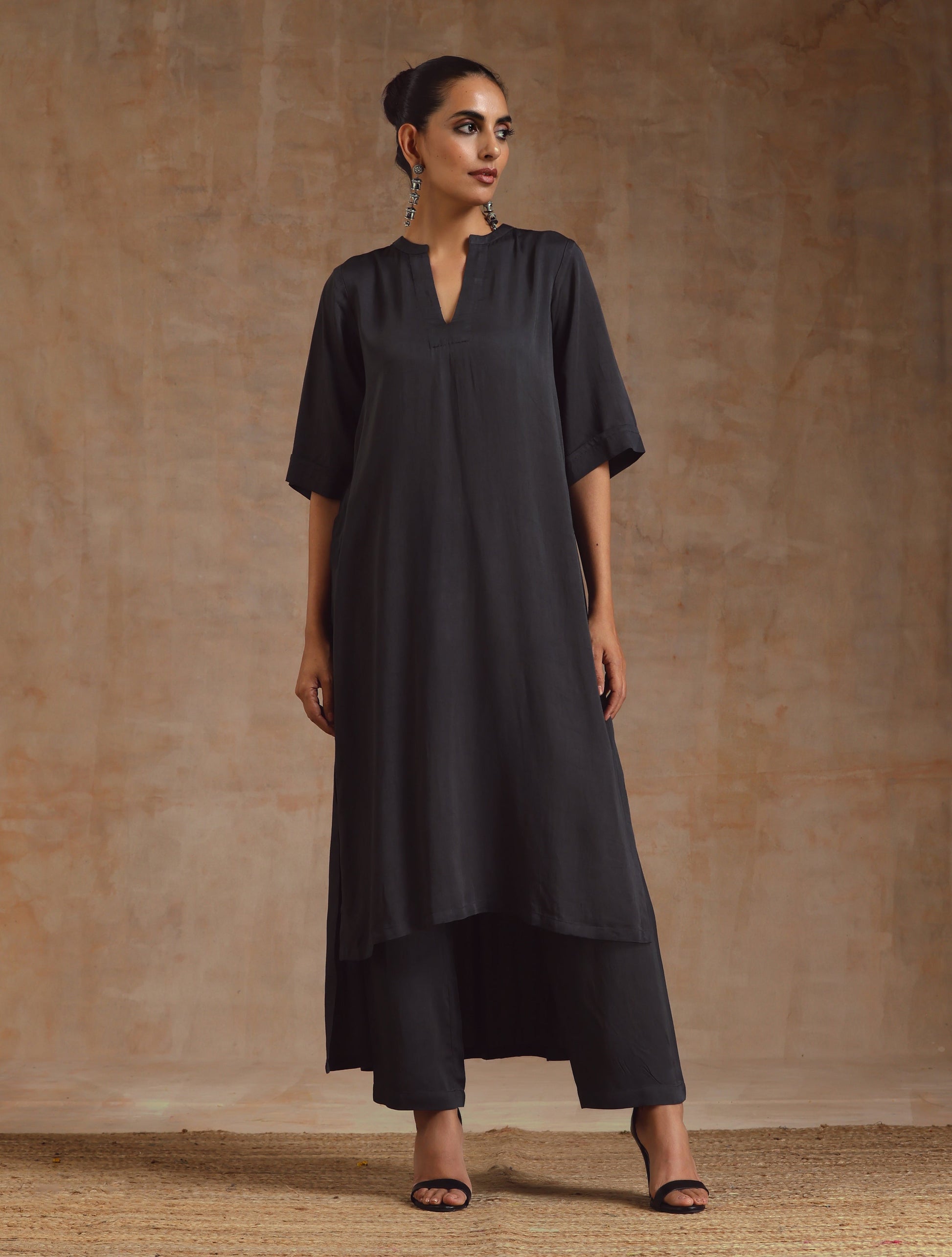 Grey Modal Satin High-Low Relax Kurta Set | Relove