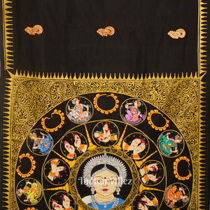 Black Nartaki Mudra Theme Hand-Painted Pattachitra Saree
