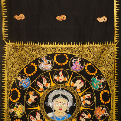 Black Nartaki Mudra Theme Hand-Painted Pattachitra Saree