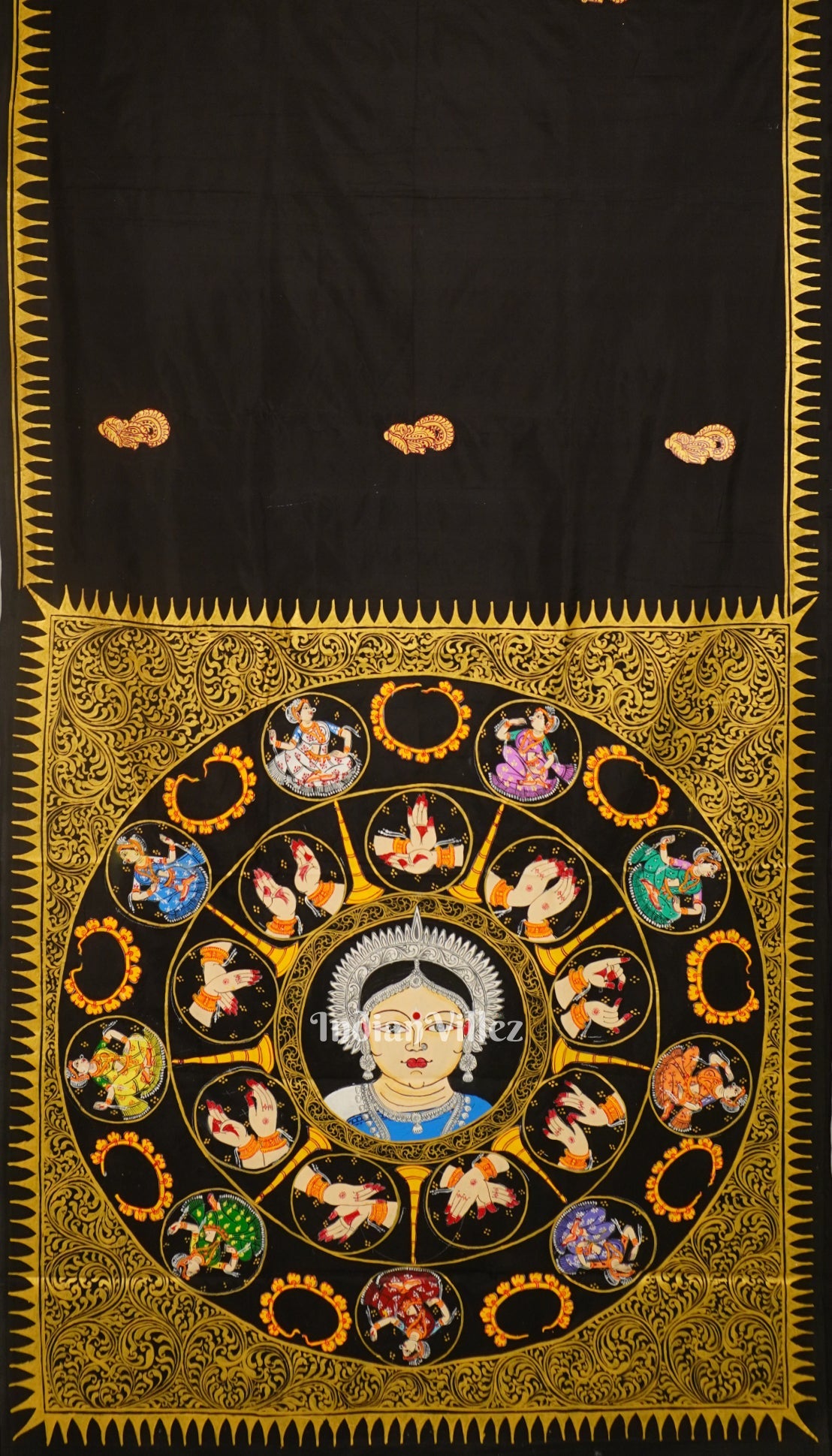 Black Nartaki Mudra Theme Hand-Painted Pattachitra Saree