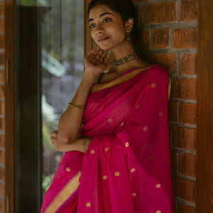 Hot Pink Handloom Venkatagiri Cotton Saree With Coin buttis and Jamdani Parrot Pallu Motifs