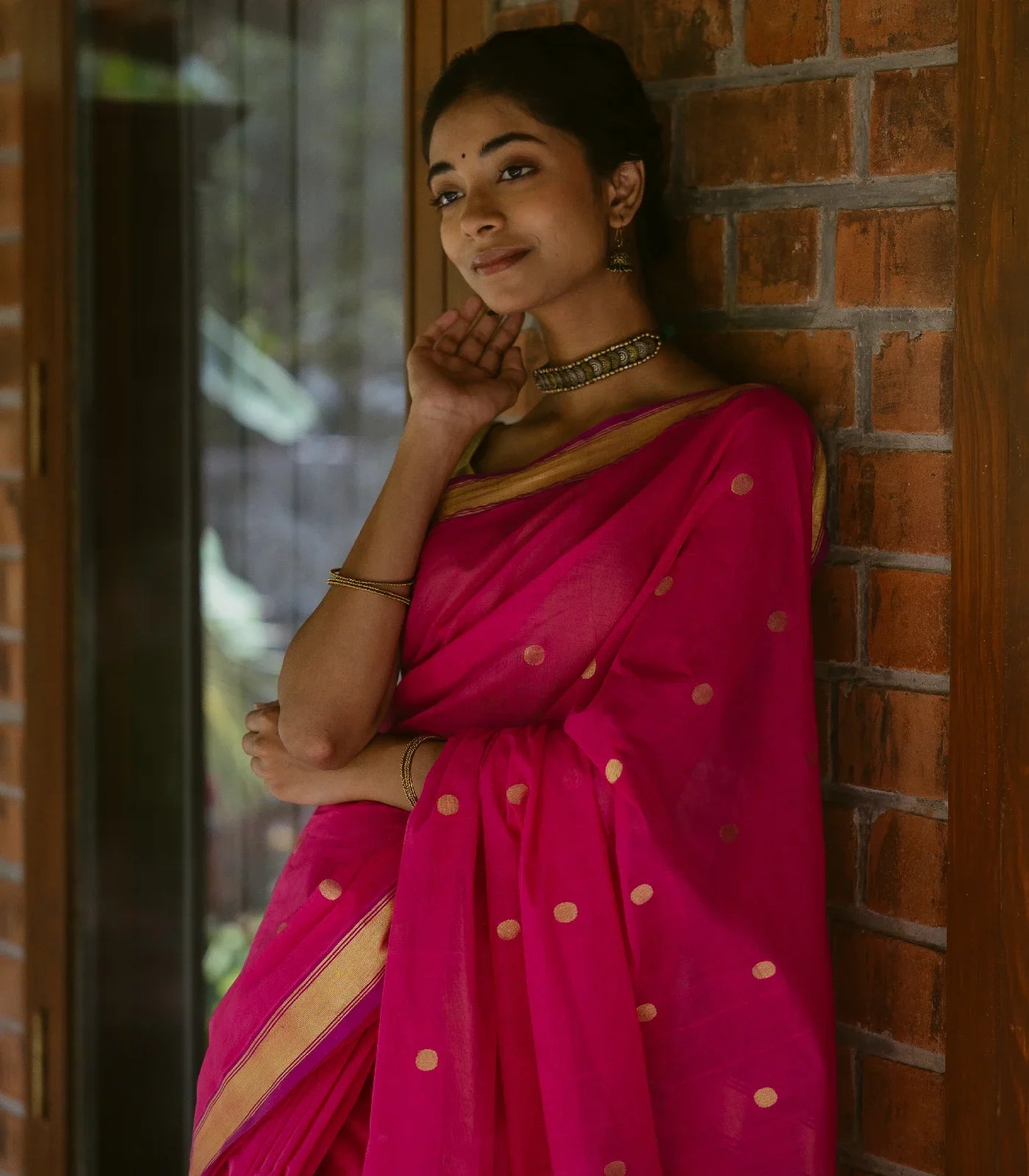 Hot Pink Handloom Venkatagiri Cotton Saree With Coin buttis and Jamdani Parrot Pallu Motifs