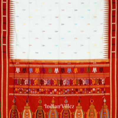 White Red Shree Mandir Theme Sambalpuri Ikat  Silk Saree