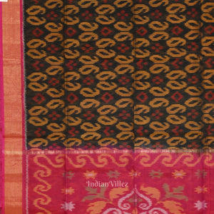 Black Pink Pochampally Ikat Sico (Silk & Cotton) Saree with Zari Border