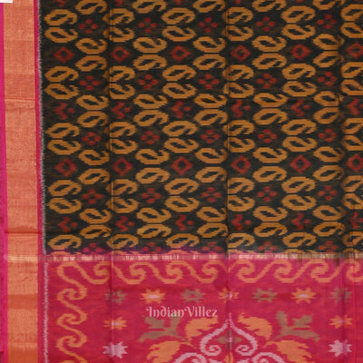 Black Pink Pochampally Ikat Sico (Silk & Cotton) Saree with Zari Border