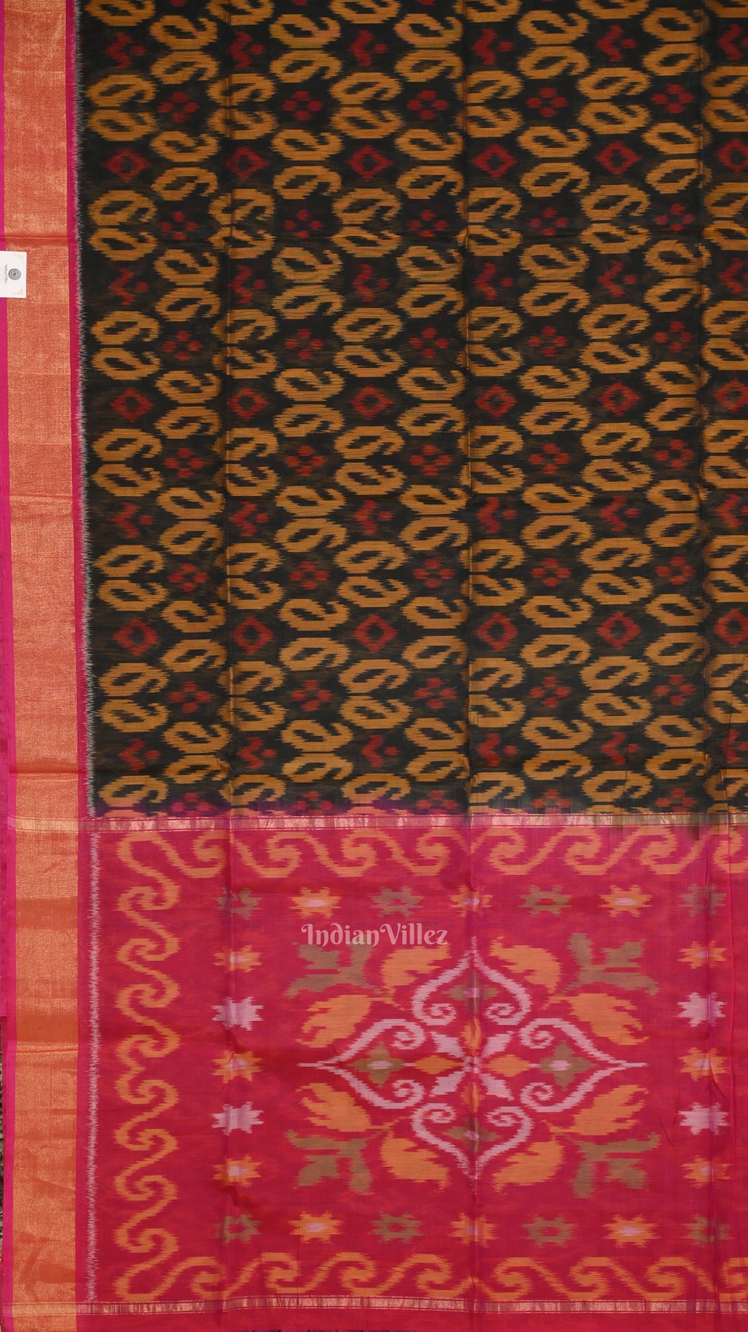 Black Pink Pochampally Ikat Sico (Silk & Cotton) Saree with Zari Border