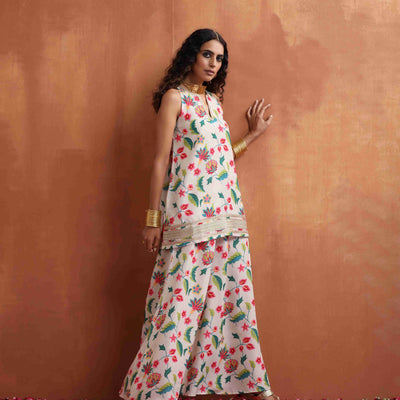 trueBrowns Off White Print Sharara Set