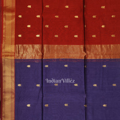 Blue Red Butta Design Maheshwari Handloom Cotton*Silk Saree