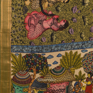 Multicolour Hand-Painted Natural Dye Cotton Kalamkari Saree