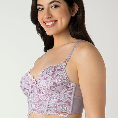 Femme Lace Padded Non-Wired Longline Bra - Thistle