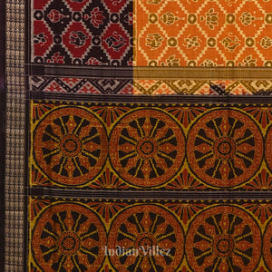 Orange with Black Odisha Ikat Sambalpuri Pure Cotton Saree