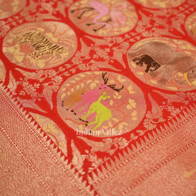 Red Shikargah Theme Khaddi Georgette Banarasi Saree