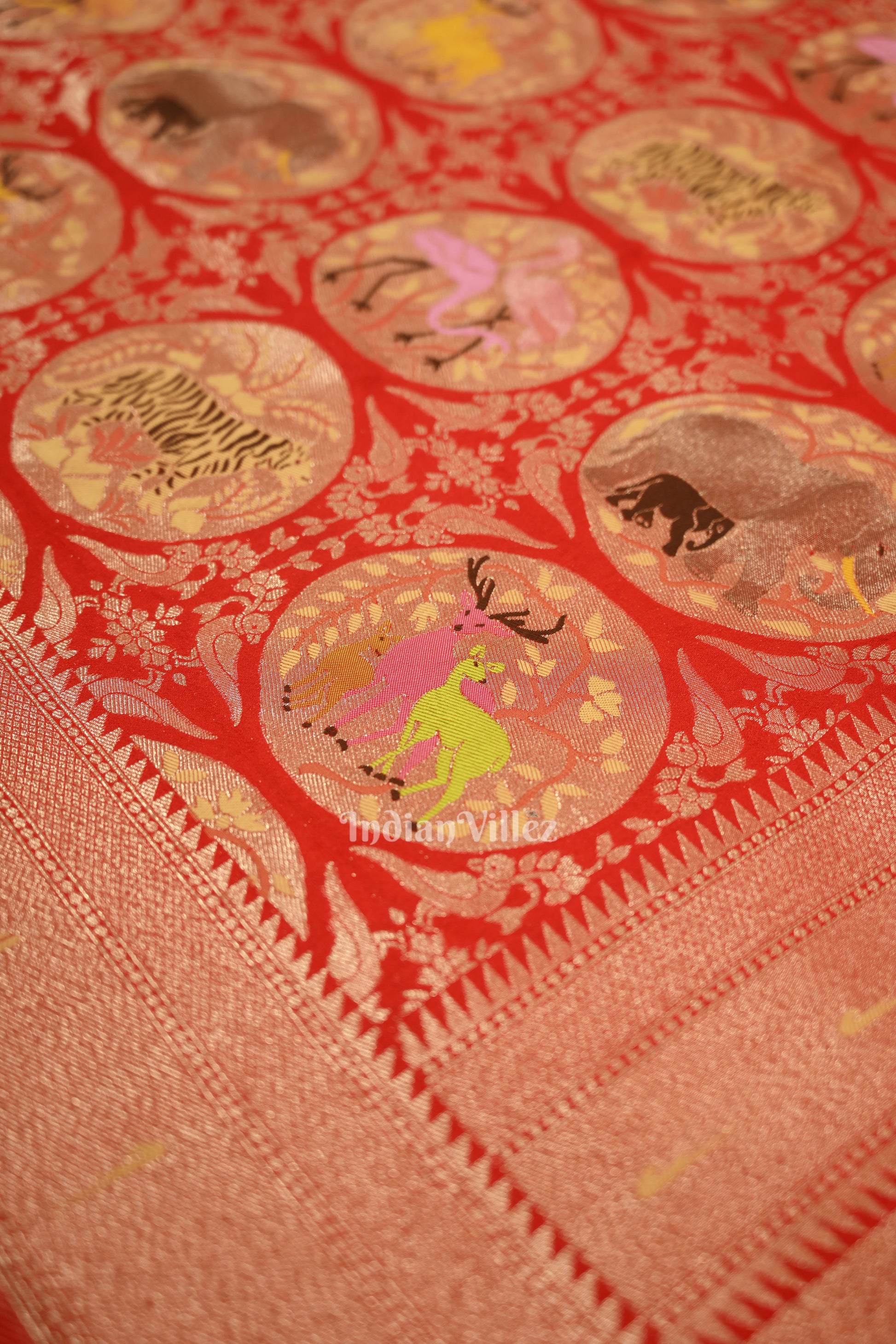 Red Shikargah Theme Khaddi Georgette Banarasi Saree