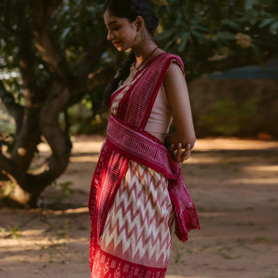 Crimson & Cream Handloom Orissa Cotton Saree With Tie and dye Chevron ( Vanki ) Motifs