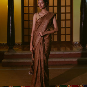 Brown Handloom Linen Saree With Striped Pallu