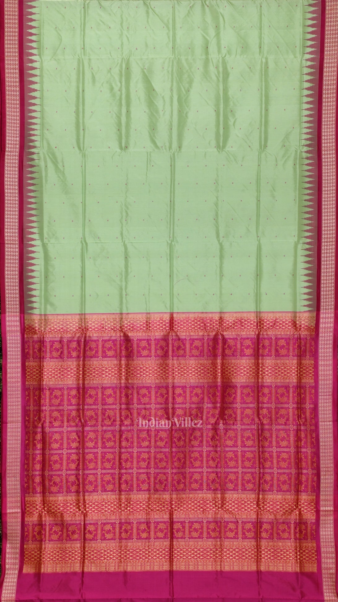 Pista Green with Rani Pink Buti Design Bomkai Sambalpuri Silk Saree