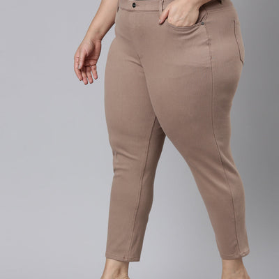 Women Solid Light Chocolate Mid Rise Cropped Jeggings