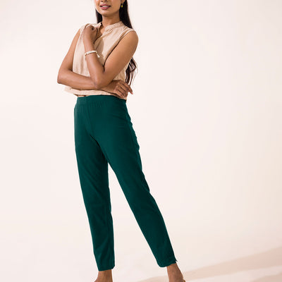 Women Solid Dark Green Cotton Mid Rise Kurti Pants
