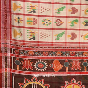 White Nabakothi Jagannath Theme Odisha Ikat Khandua Silk Saree