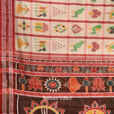 White Nabakothi Jagannath Theme Odisha Ikat Khandua Silk Saree