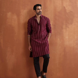 trueBrowns Men's Dark Purple Cotton Dobby Kurta