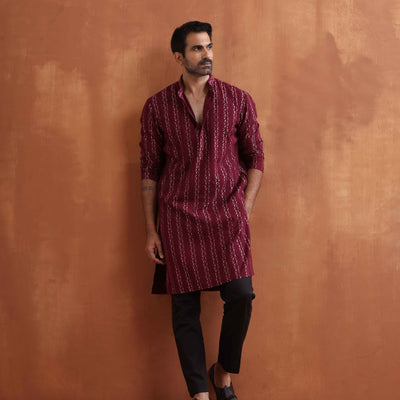 trueBrowns Men's Dark Purple Cotton Dobby Kurta