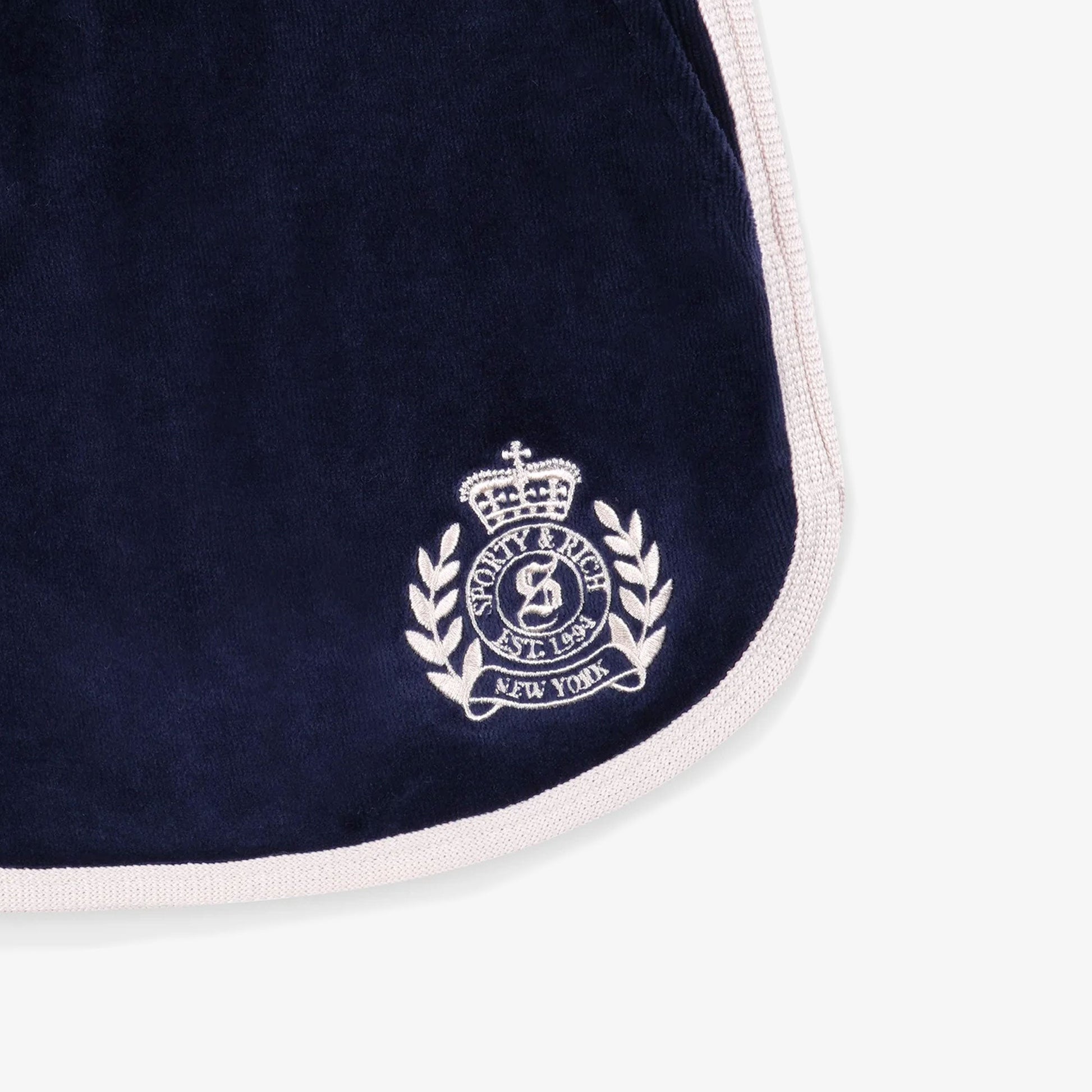 SPORTY & RICH | NY CREST VELOUR SHORT { NAVY/CREAM