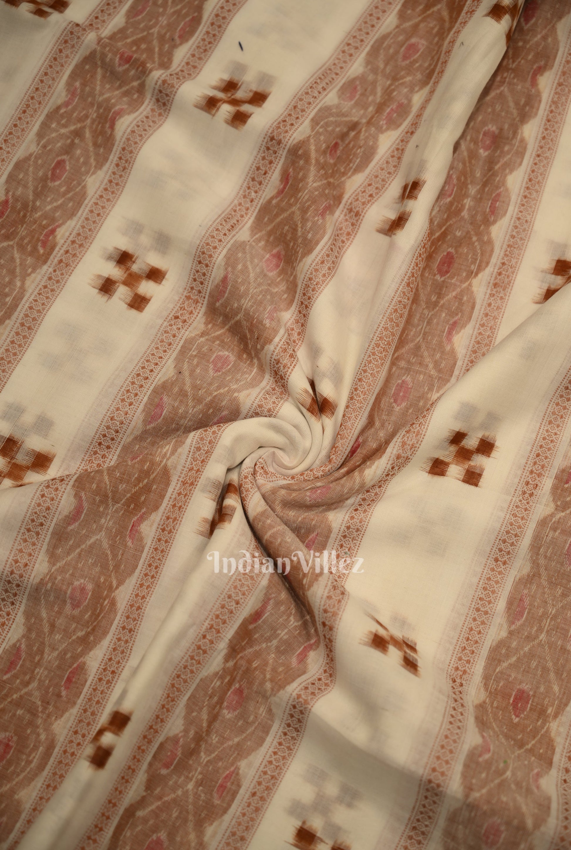 White  Brown Pasapali Sambalpuri Ikat Cotton Fabric
