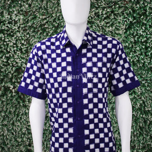 Blue White Odisha Ikat Cotton Half Sleeve Shirt for Men