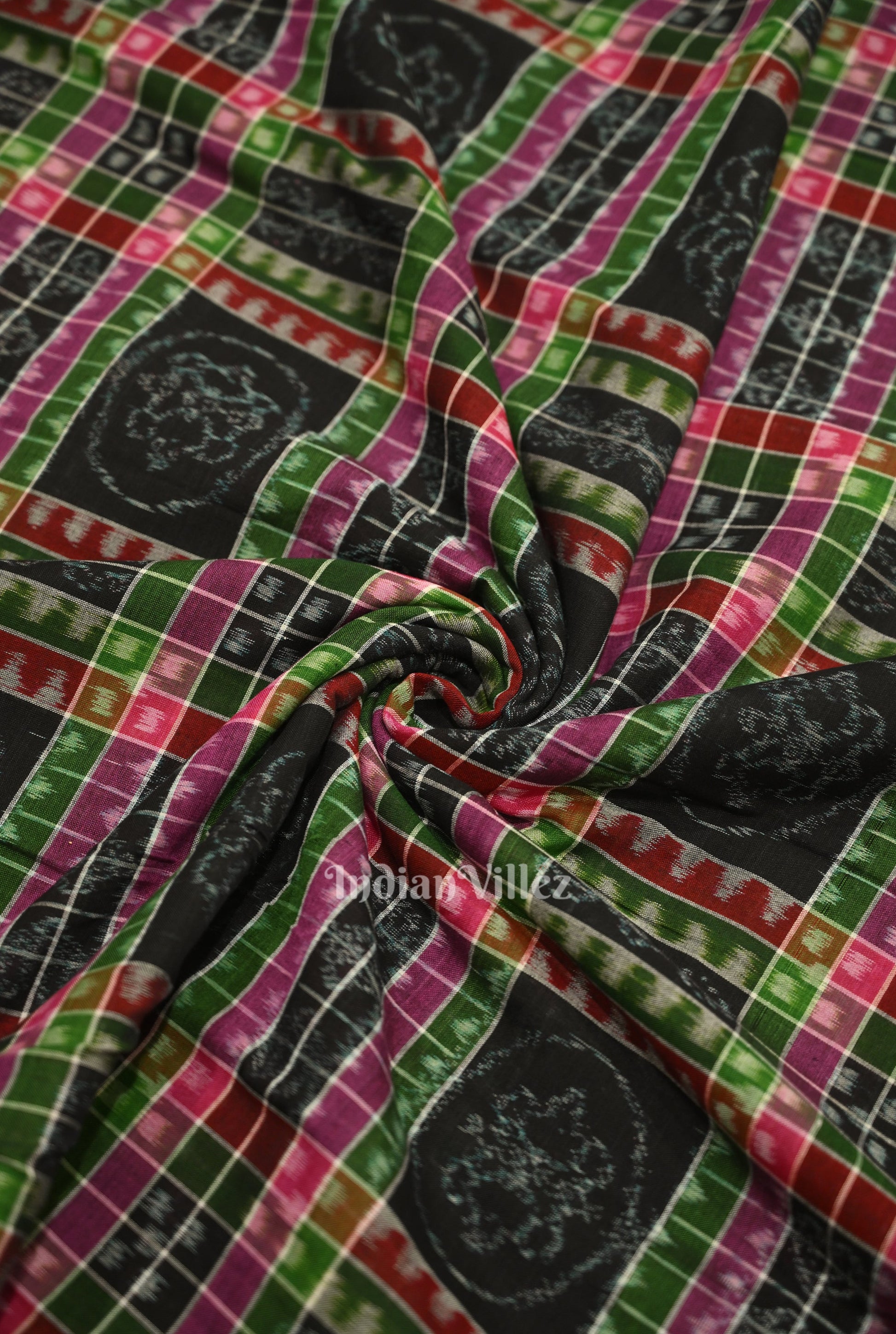 Black with Multi Color Utkalaxmi Sambalpuri Ikat Cotton Fabric