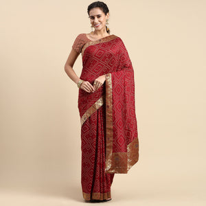 Maroon Foil Printed With Swarovski Vichitra Silk Saree