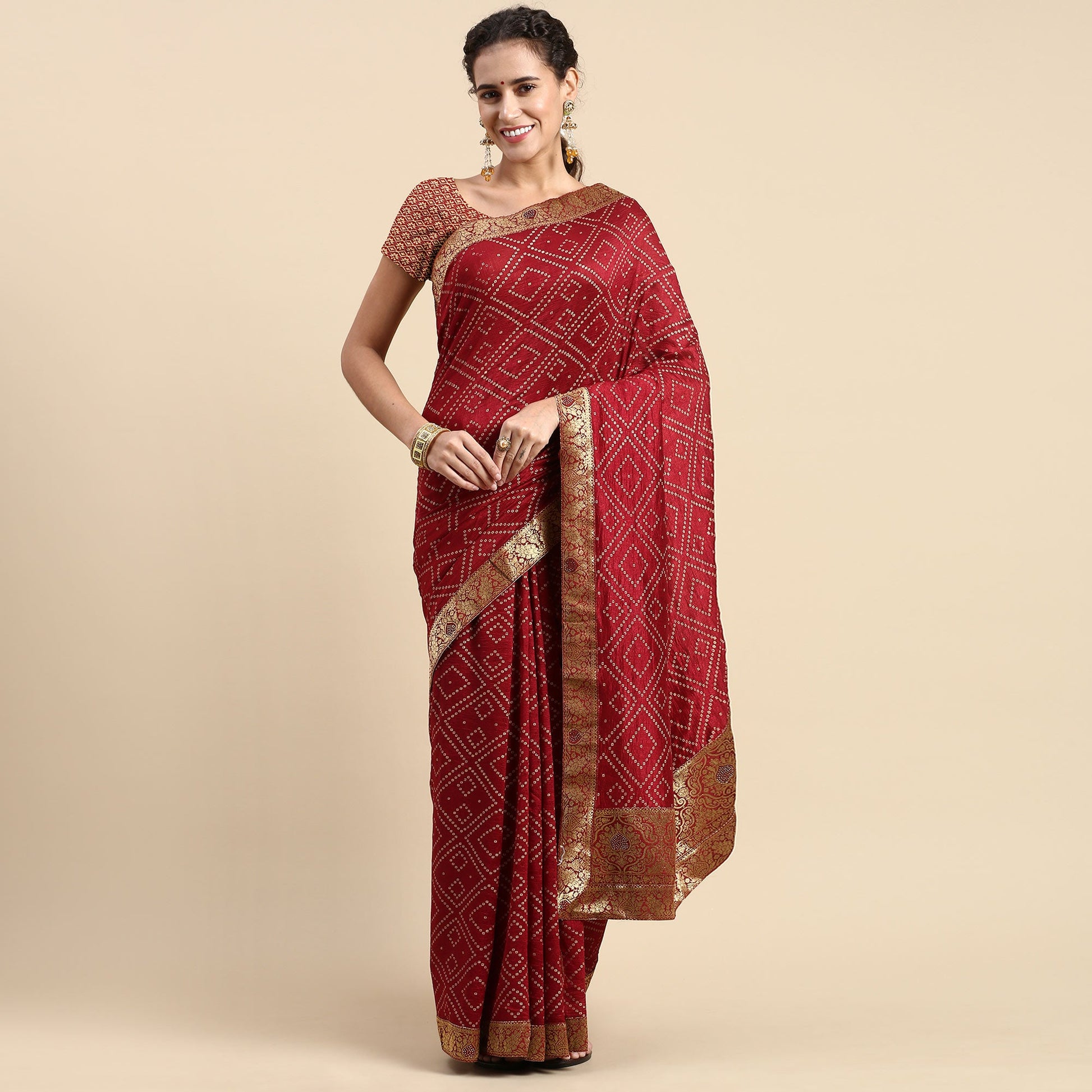 Maroon Foil Printed With Swarovski Vichitra Silk Saree