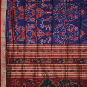 Blue Floral Motif Odisha Ikat Sambalpuri Silk Saree