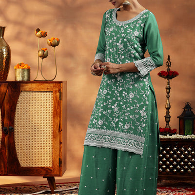 Green Embroidered Silk Blend Straight Suit With Dupatta