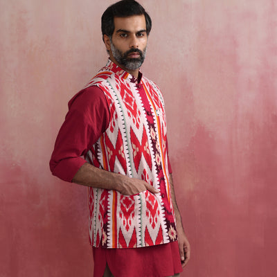 trueBrowns Men's Maroon Ikat Reversible  Nehru Jacket