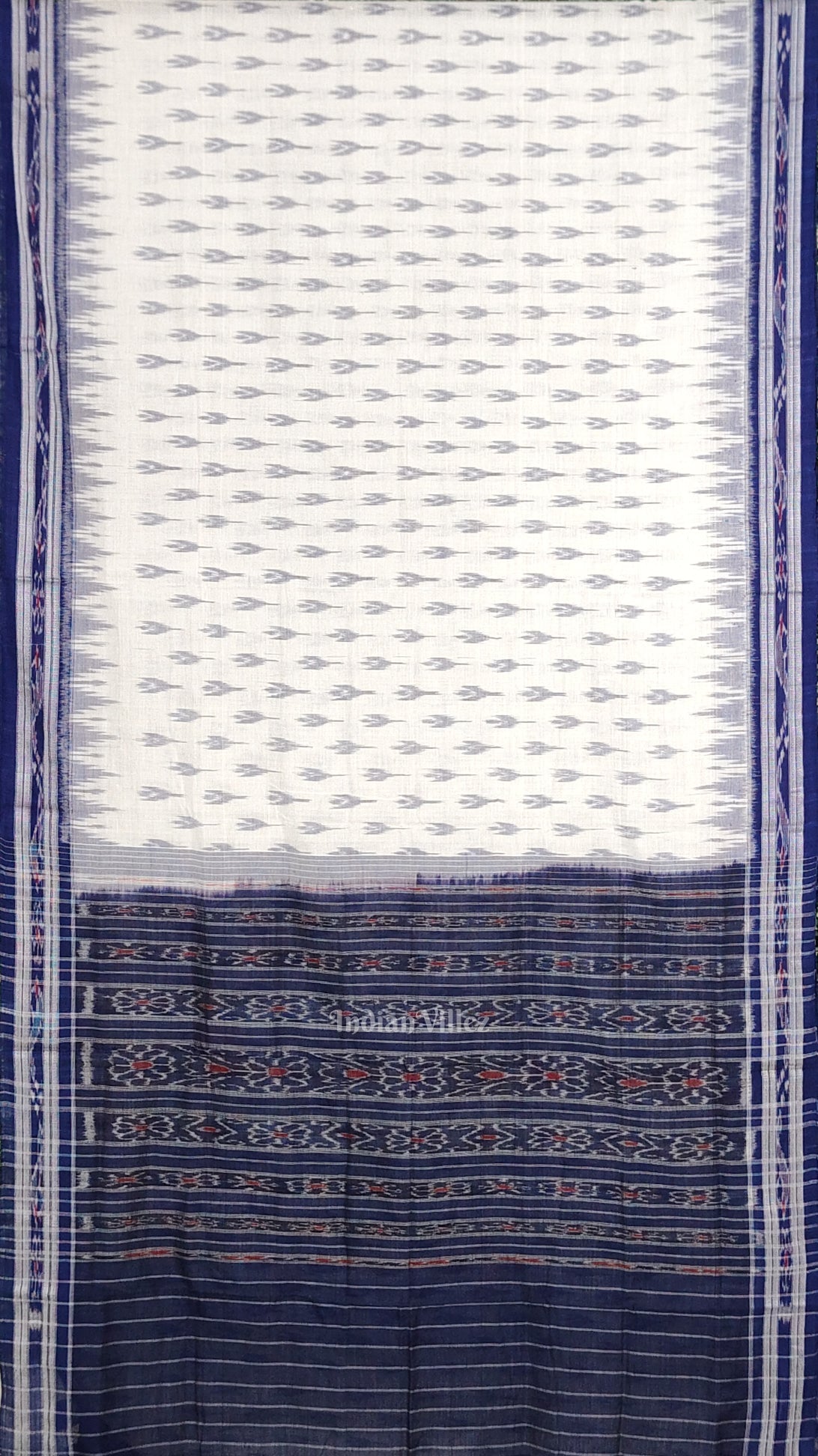 White Blue Mayur Chandrika Maniabandha Cotton Saree
