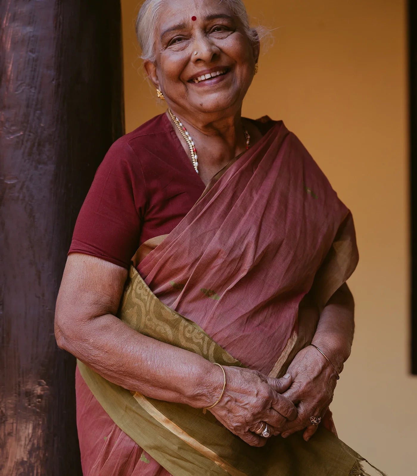 Dusty Pink Handloom Village Cotton Saree With Floral Meenakari Buttas