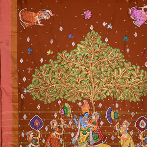 Brown Radha Krishna Raas Leela Hand-Painted Pattachitra Saree