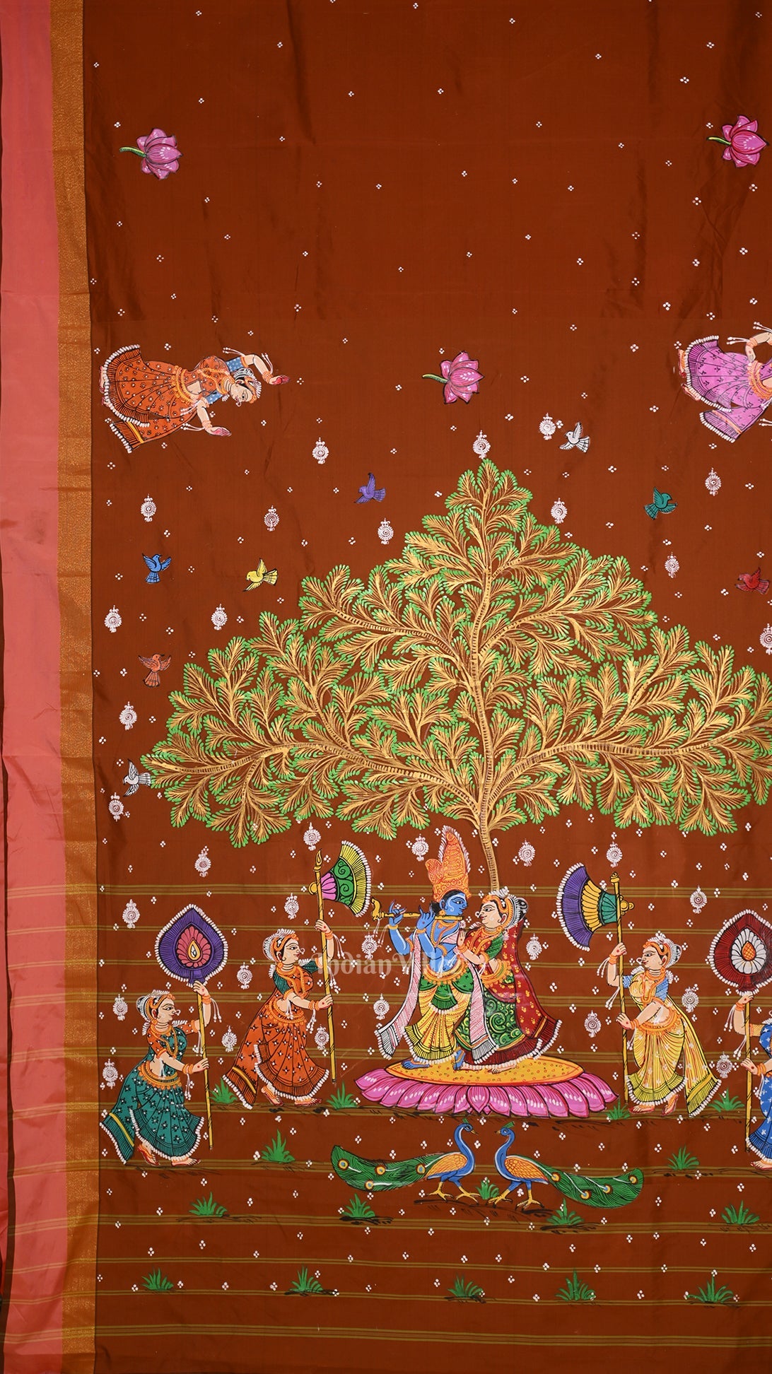 Brown Radha Krishna Raas Leela Hand-Painted Pattachitra Saree