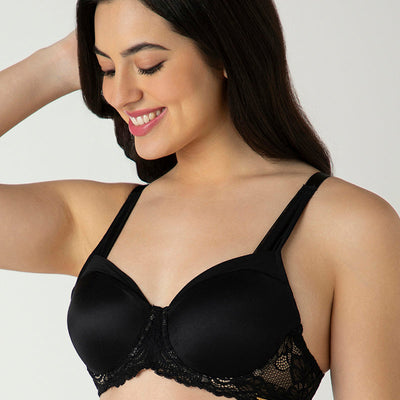 Glam Lace Padded Wired Balconette Bra - Black