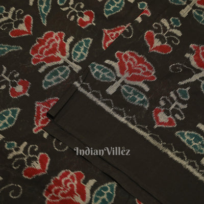 Black Rose Flower Motif Sambalpuri Ikat Cotton Fabric